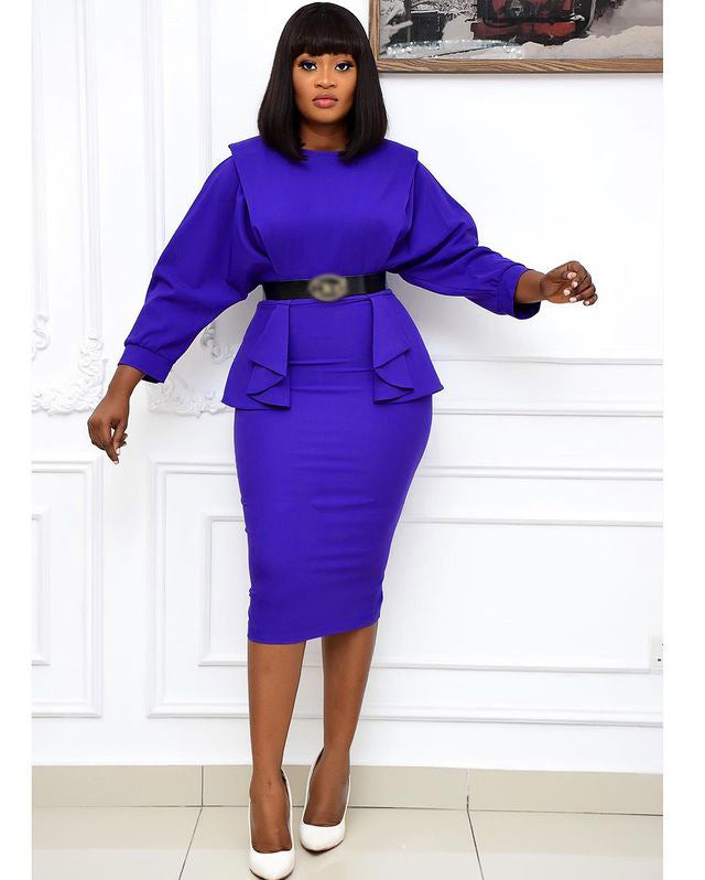 sourcing:  autumn new arrivals - african plus size women's mid-length solid color high-waisted office lady commute dress with belt