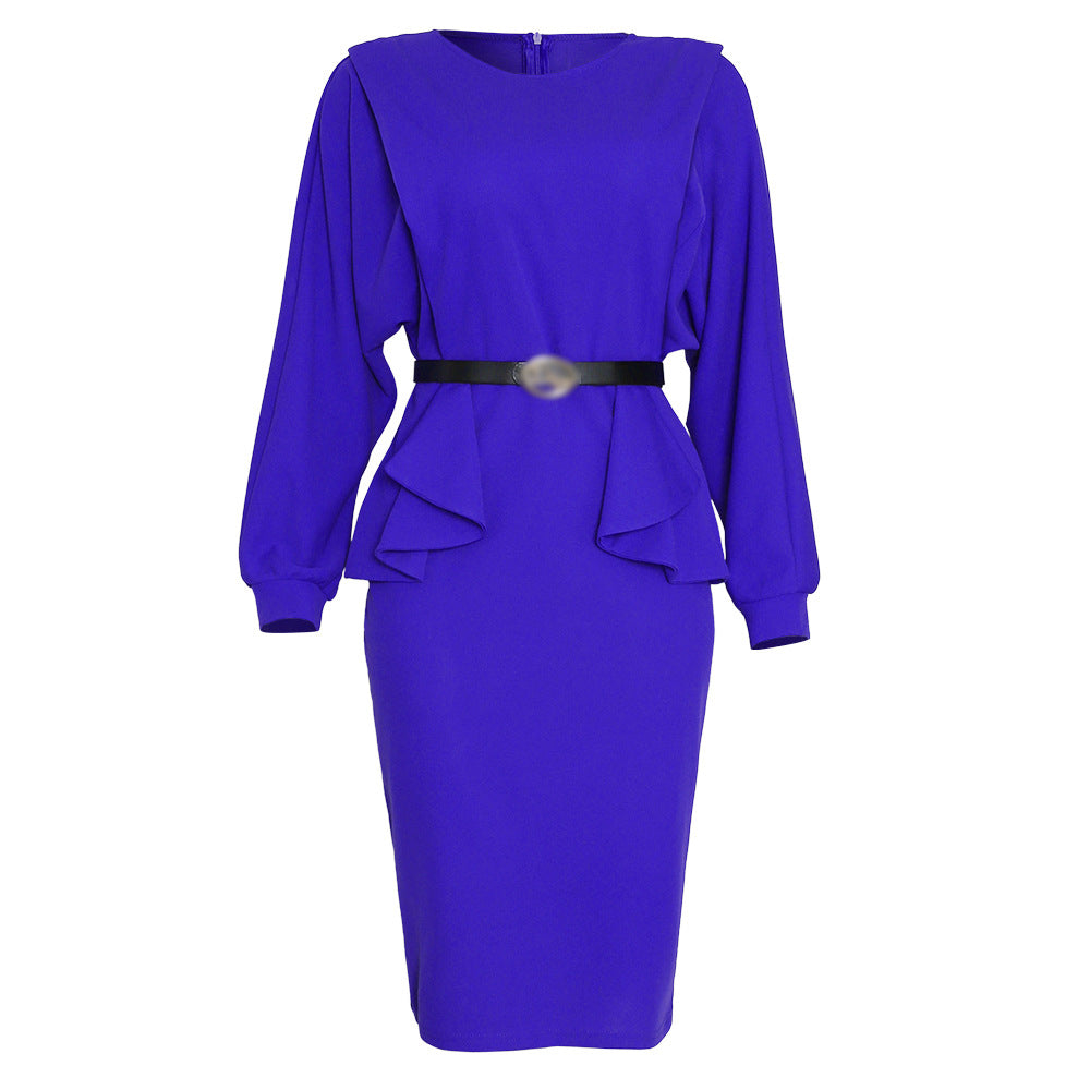 sourcing:  autumn new arrivals - african plus size women's mid-length solid color high-waisted office lady commute dress with belt