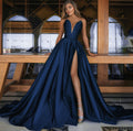 spring/summer new european and american cross-border women's sexy deep v slit dress solid color maxi gown wedding dress