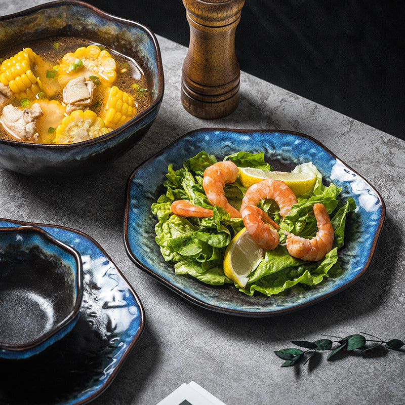 Japanese retro kiln transformation suit special-shaped ceramic plate tableware bowl and plate combination one-person food suit tableware wholesale