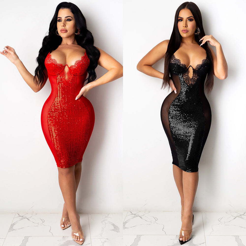 X3899 autumn/winter new european and american women's nightclub sexy spaghetti strap dress -   sequin lace