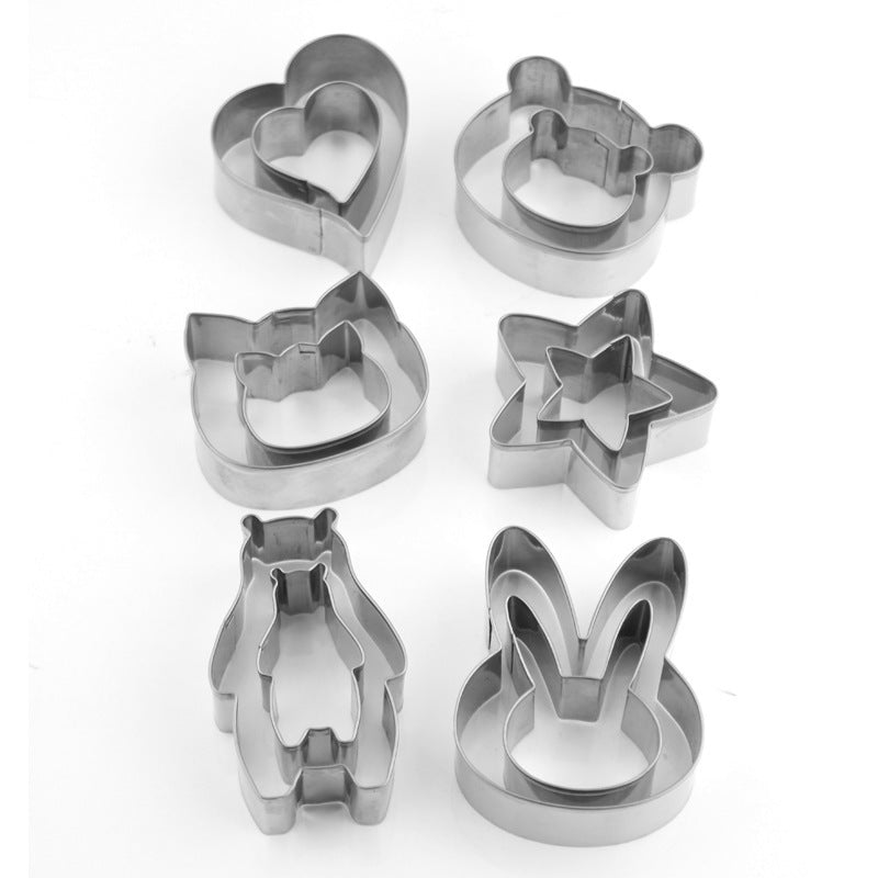 New stainless steel animal 12-piece set: bear, rabbit, cat-shaped cookie cutters & stamps - diy baking tools - in stock