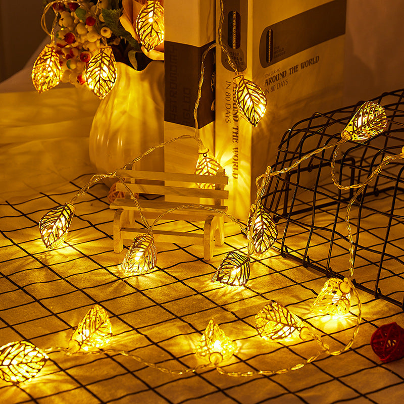 Cross-border new products led wrought iron gold leaf light string hollow gold leaf string light Christmas light decorative lights flashing lights