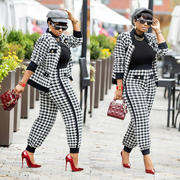 OL6031 European and American women's clothing  independent station fashion casual long-sleeved thousand bird grid two-piece set spot sale