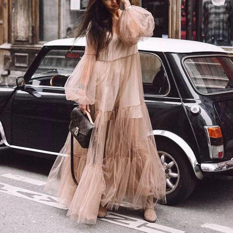 cross-border summer new arrival: women's deep v-neck puff sleeve mesh see-through maxi dress for , europe & us markets