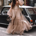 cross-border summer new arrival: women's deep v-neck puff sleeve mesh see-through maxi dress for , europe & us markets