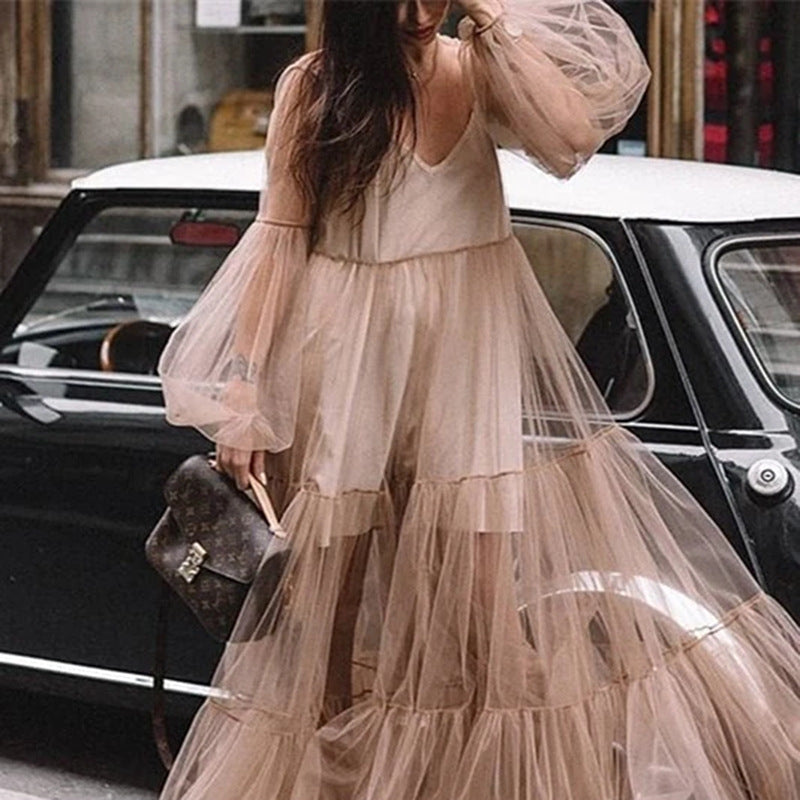 cross-border summer new arrival: women's deep v-neck puff sleeve mesh see-through maxi dress for , europe & us markets