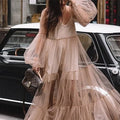 cross-border summer new arrival: women's deep v-neck puff sleeve mesh see-through maxi dress for , europe & us markets