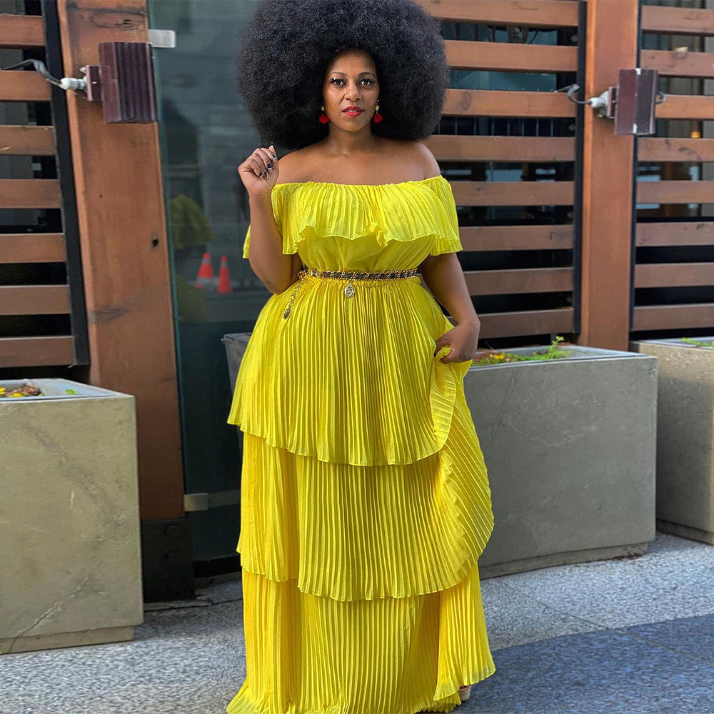 cross-border yellow chiffon one-shoulder backless bodycon beach vacation pleated maxi dress