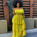 cross-border yellow chiffon one-shoulder backless bodycon beach vacation pleated maxi dress