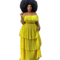 cross-border yellow chiffon one-shoulder backless bodycon beach vacation pleated maxi dress