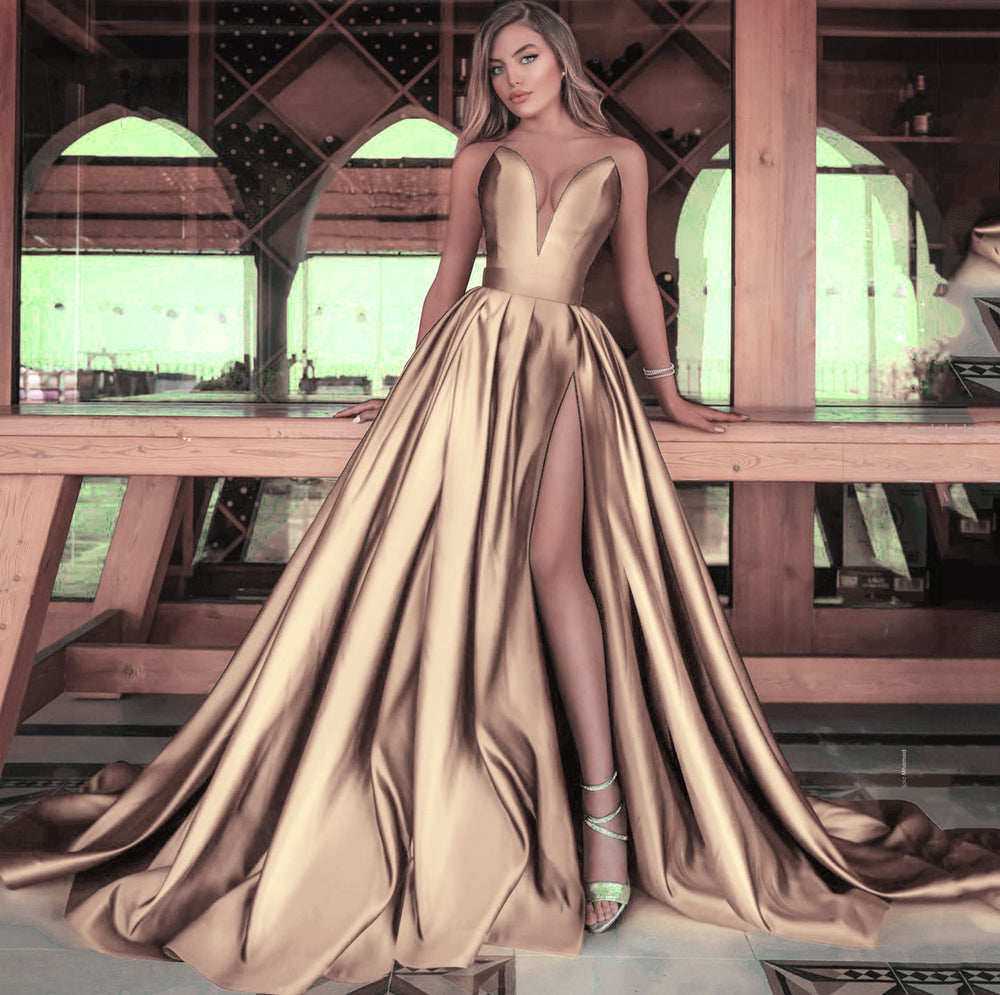 spring/summer new european and american cross-border women's sexy deep v slit dress solid color maxi gown wedding dress
