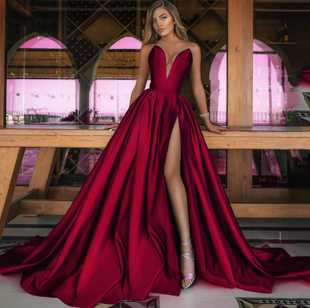 spring/summer new european and american cross-border women's sexy deep v slit dress solid color maxi gown wedding dress