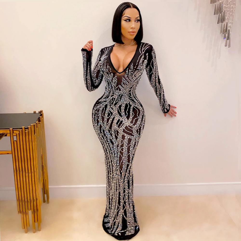 X5002 cross-border fashion new product nightclub sexy hot diamond inlaid diamond see-through mesh shiny women's dress long skirt