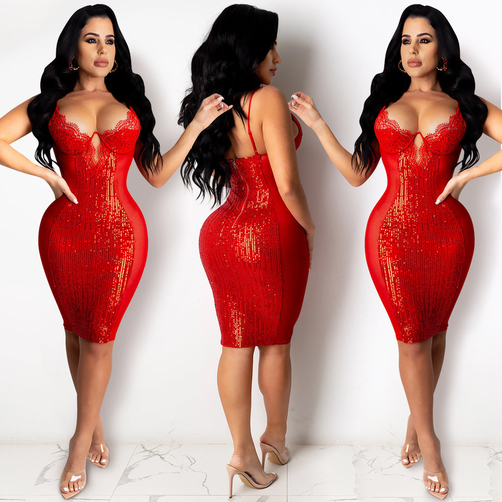 X3899 autumn/winter new european and american women's nightclub sexy spaghetti strap dress -   sequin lace