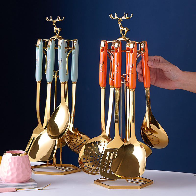 304 stainless steel kitchen utensil set with emerald ceramic handles - 7-piece cookware set including ladle, spatula, and hot pot spoon