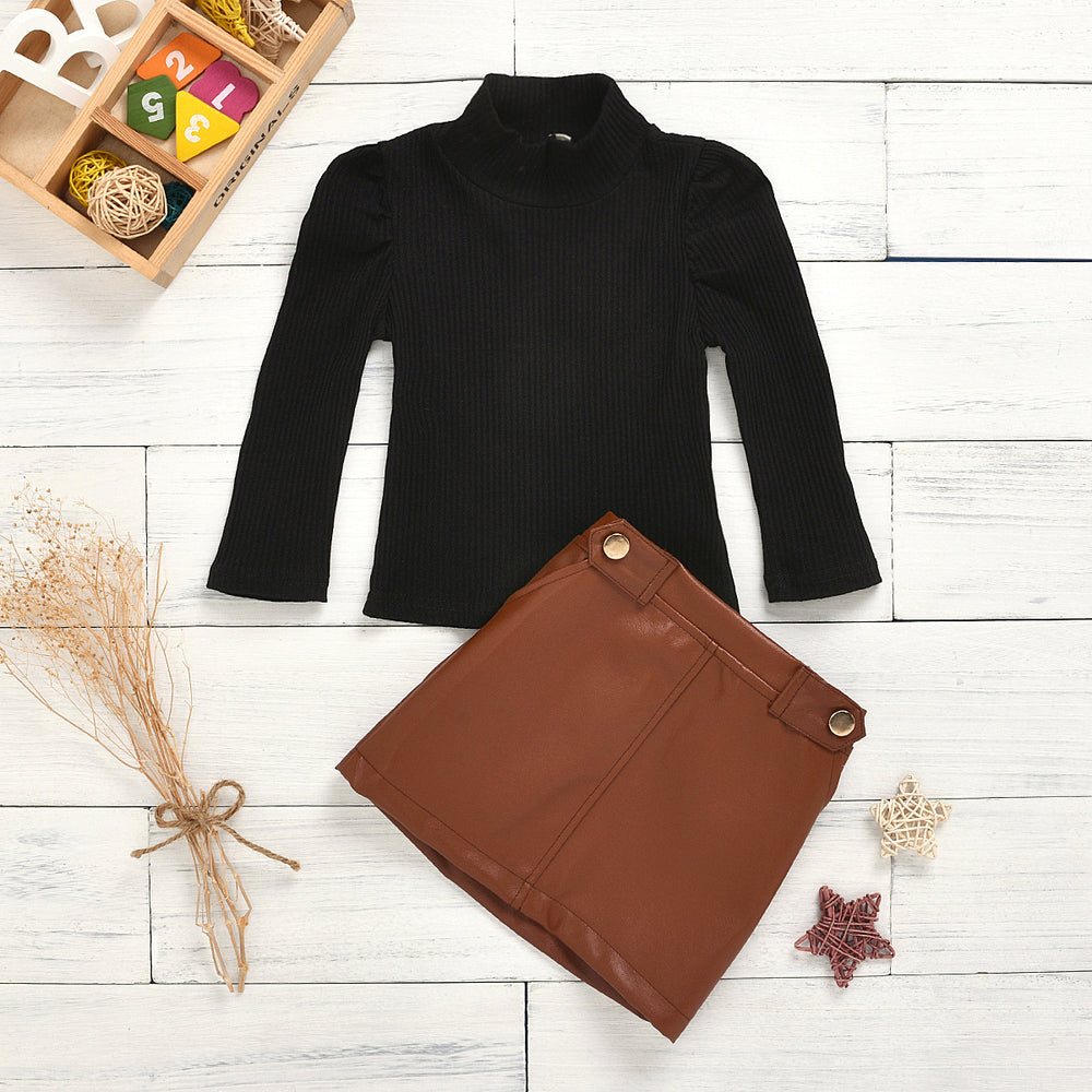 Fashion cross-border hot-selling children's clothing pure color turtleneck pit strip long sleevestops button open pocket leather skirt two-piece set girl's clothing