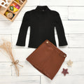 Fashion cross-border hot-selling children's clothing pure color turtleneck pit strip long sleevestops button open pocket leather skirt two-piece set girl's clothing