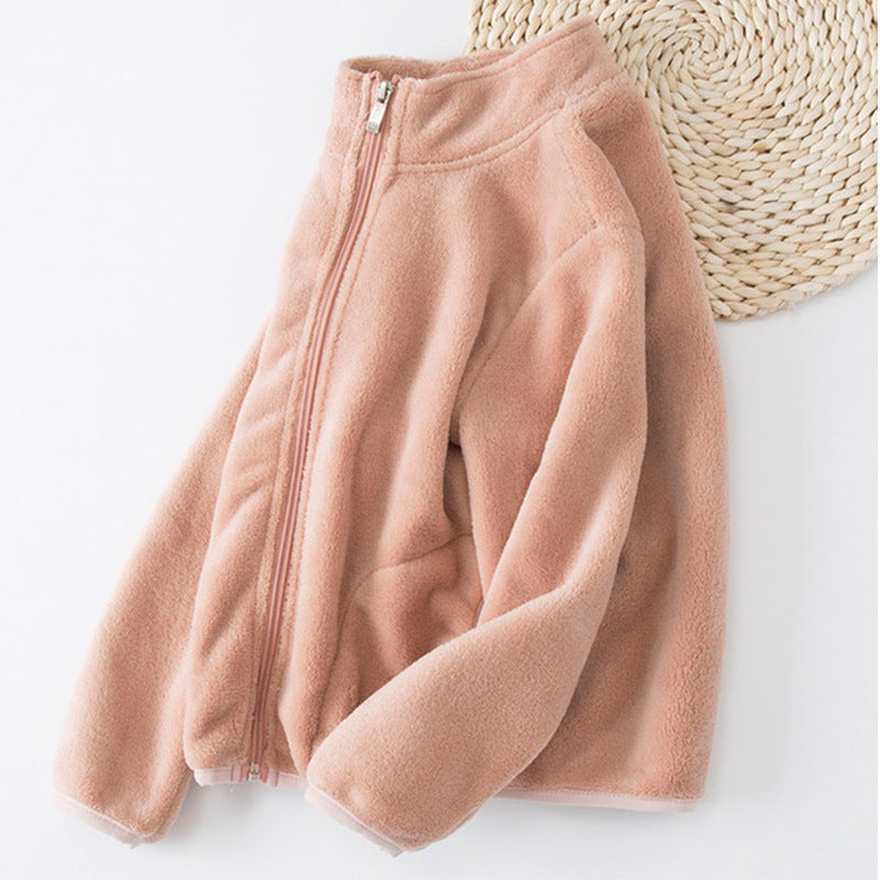 fall/winter new solid color zip-up long sleeve stand collar outdoor korean style girls' fleece-lined jacket - direct from the manufacturer