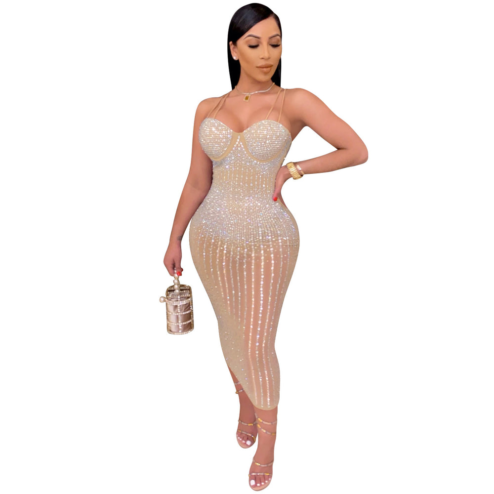 X3805 cross-border new arrival: european and american fashion women's party nightclub mesh see-through rhinestone embellished strappy dress