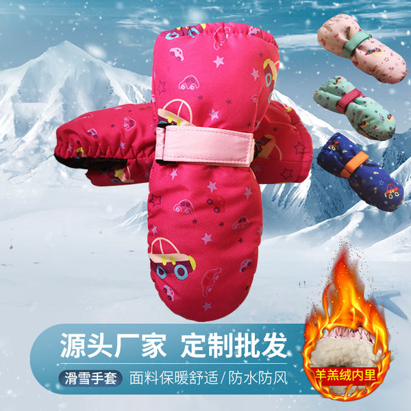 Cycling skiing thermal gloves, piled thickened finger winter waterproof gloves, children's printed mittens wholesale