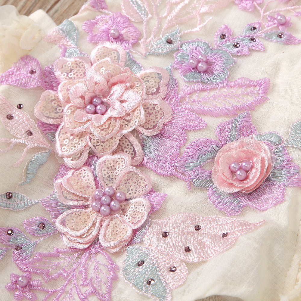 European and american style cross-border new children's clothing short climbing lace mesh flying sleeves tie back embroidered beaded pearl climbing jumpsuit