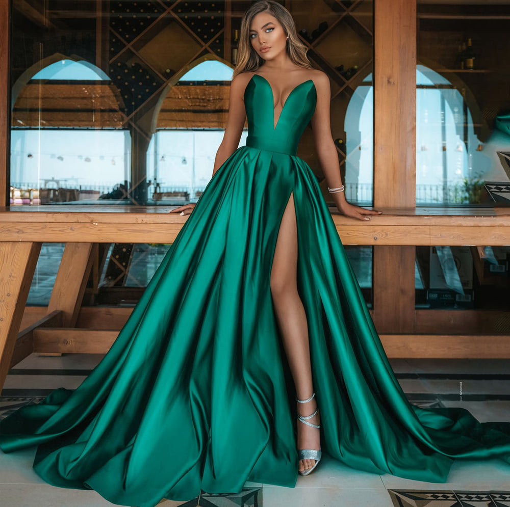 spring/summer new european and american cross-border women's sexy deep v slit dress solid color maxi gown wedding dress
