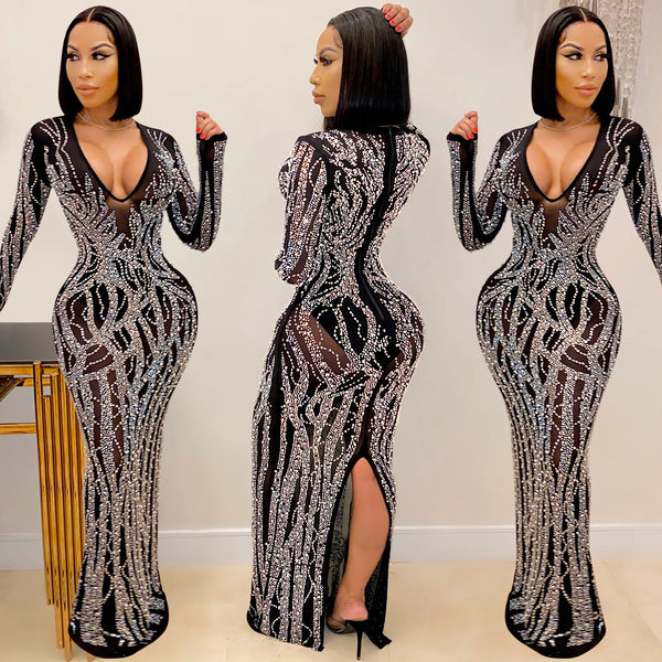 X5002  European and American new products nightclubs, sexy hot diamonds with diamonds, perspective mesh yarn, shiny women's dress, long dress