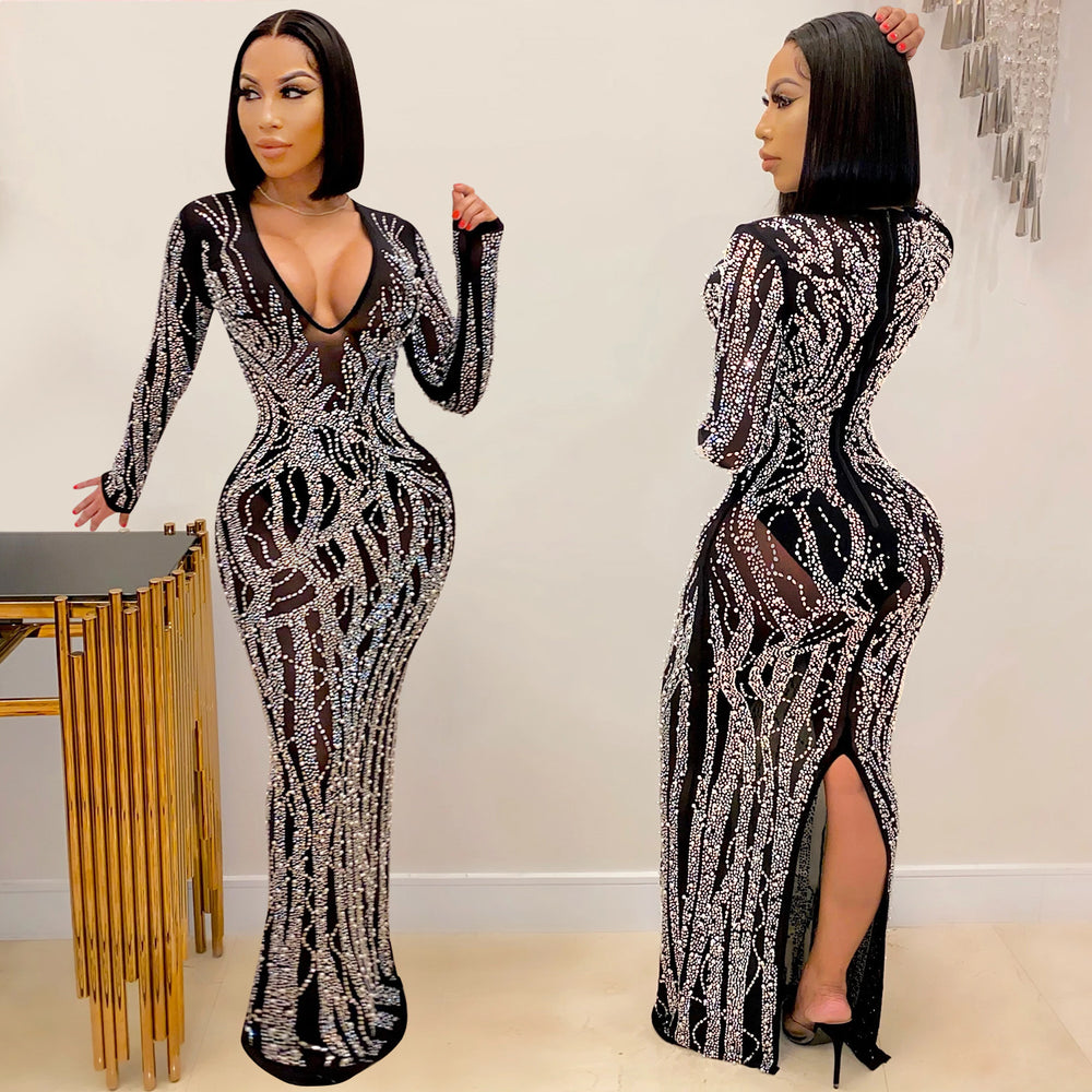 X5002 cross-border fashion new product nightclub sexy hot diamond inlaid diamond see-through mesh shiny women's dress long skirt