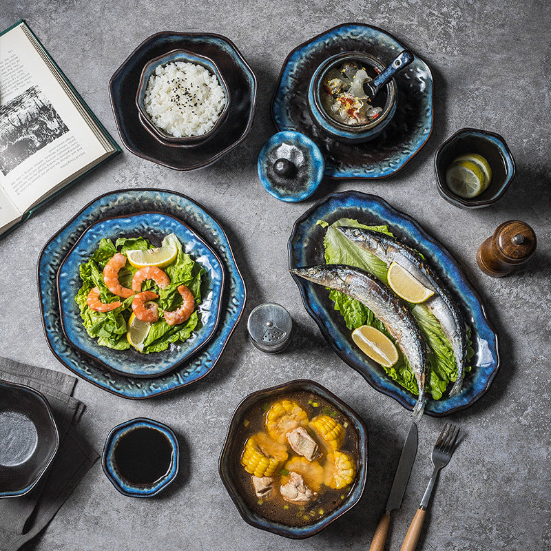 Japanese retro kiln transformation suit special-shaped ceramic plate tableware bowl and plate combination one-person food suit tableware wholesale