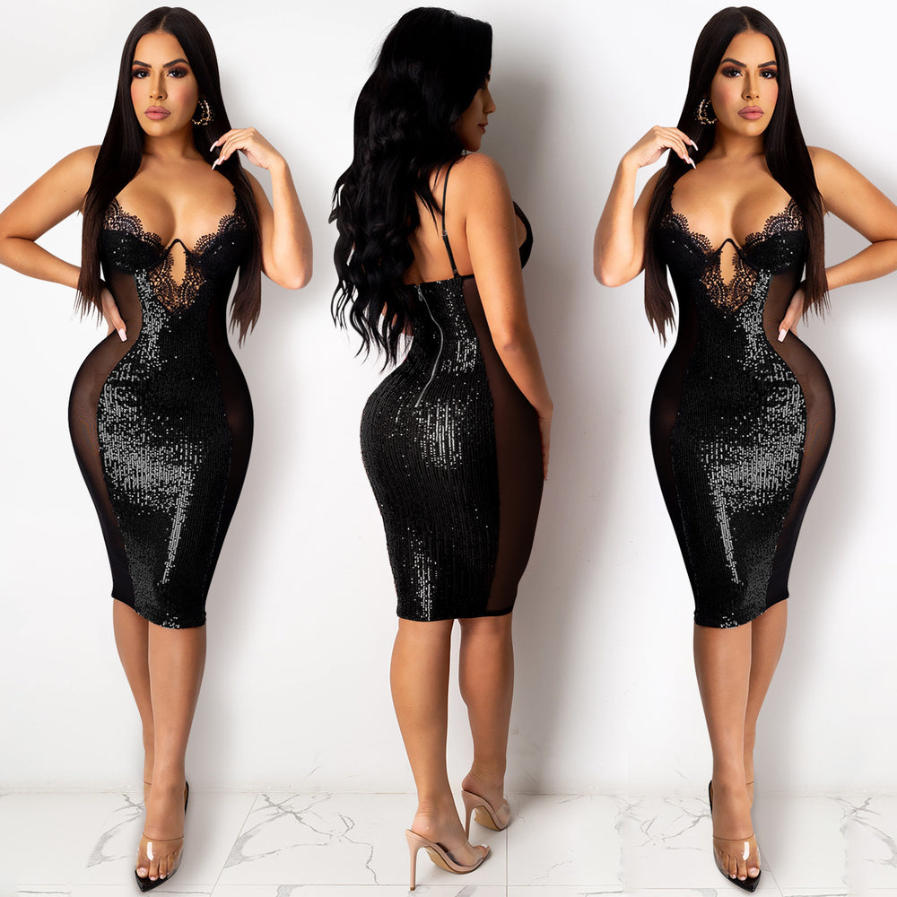 X3899 autumn/winter new european and american women's nightclub sexy spaghetti strap dress -   sequin lace