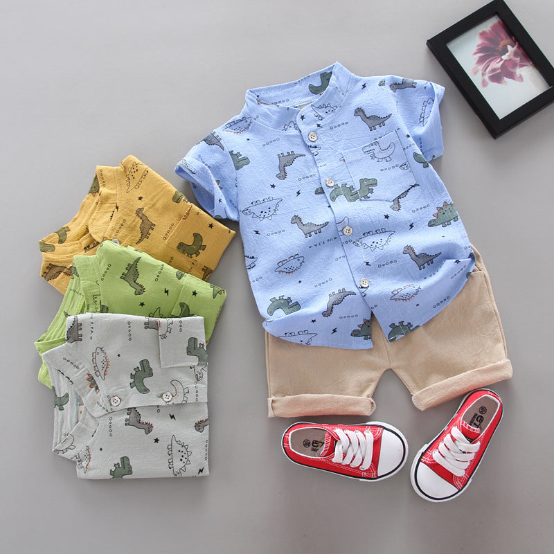 Kids' short-sleeve set: boys' cartoon dinosaur pattern shirt set - wholesale from manufacturer, supports cross-border dropshipping (1 piece orders accepted)