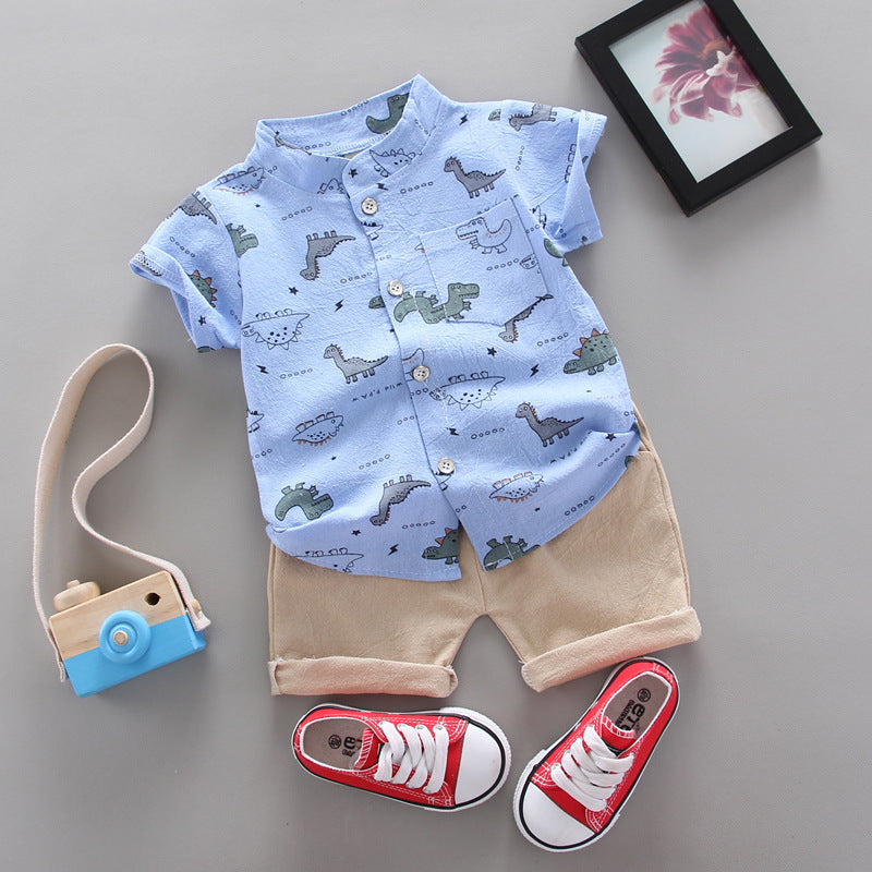 Kids' short-sleeve set: boys' cartoon dinosaur pattern shirt set - wholesale from manufacturer, supports cross-border dropshipping (1 piece orders accepted)