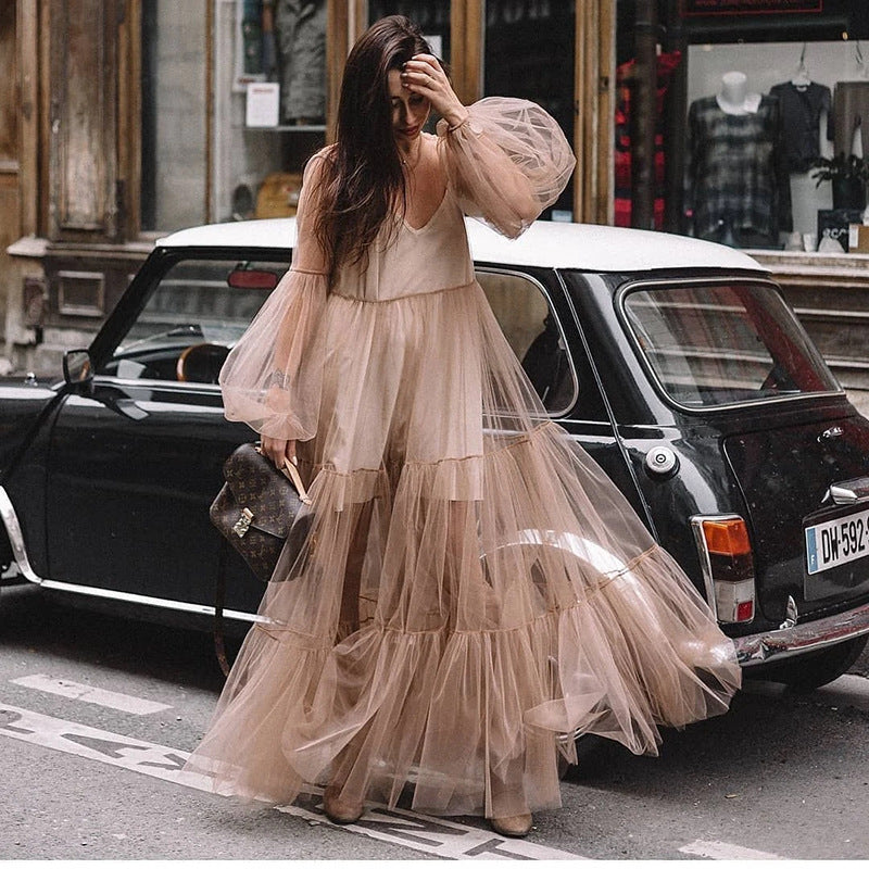 cross-border summer new arrival: women's deep v-neck puff sleeve mesh see-through maxi dress for , europe & us markets