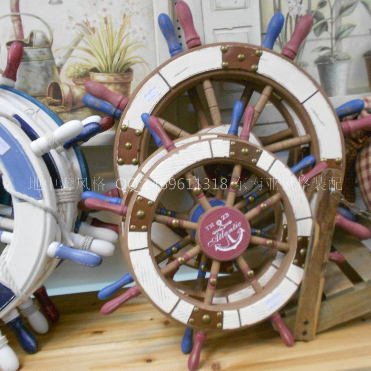 Mediterranean antique wood rudder wheel, window decoration, solid wood rudder plate wall decoration, bronze