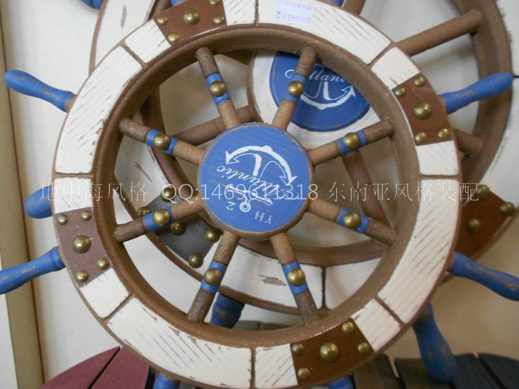 Mediterranean antique wood rudder wheel, window decoration, solid wood rudder plate wall decoration, bronze