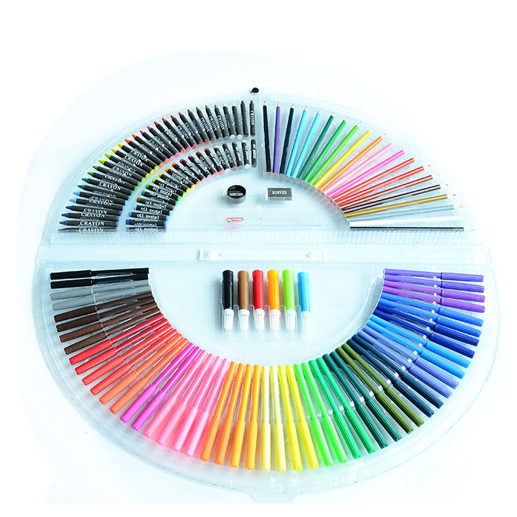 Children's painting stationery set, transparent box art supplies tools, watercolor pens, colored pencils, crayons, brushes, wholesale.