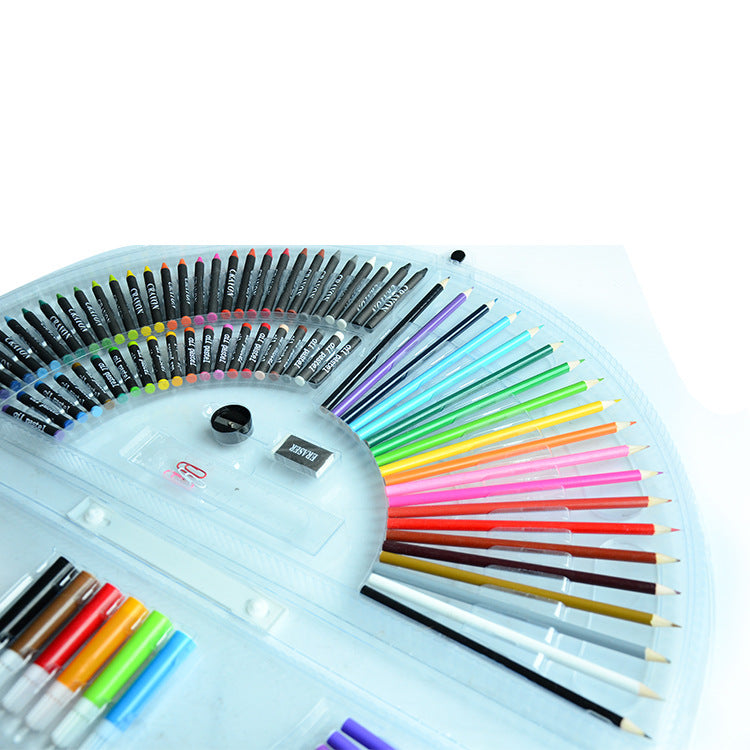 Children's painting stationery set, transparent box art supplies tools, watercolor pens, colored pencils, crayons, brushes, wholesale.
