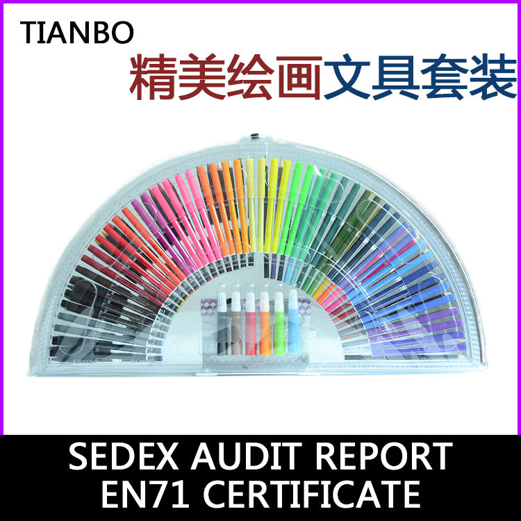 Children's painting stationery set, transparent box art supplies tools, watercolor pens, colored pencils, crayons, brushes, wholesale.