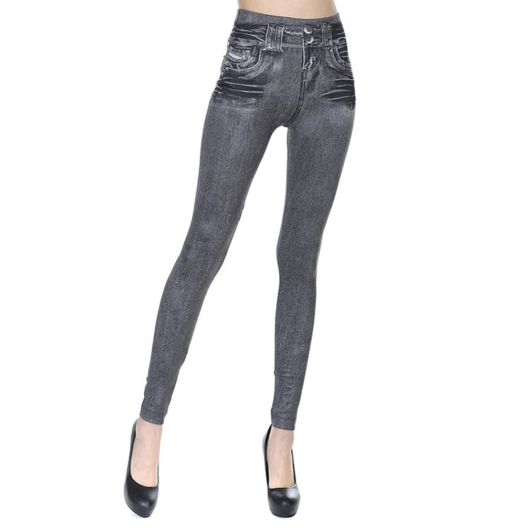 Tv shopping outwearprinting brushed fleece-lined women's imitation denim bottom pants with real flap pocket pants legging
