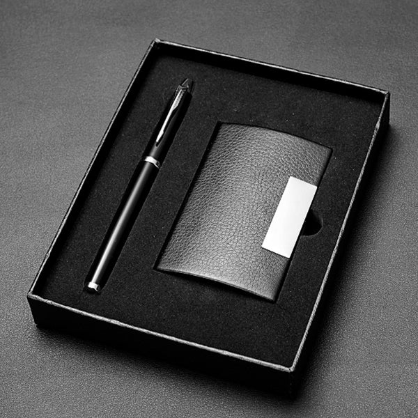 Leather card bag, business card box set, business gift set, pen with stainless steel PU card bag, ID bag, spot.