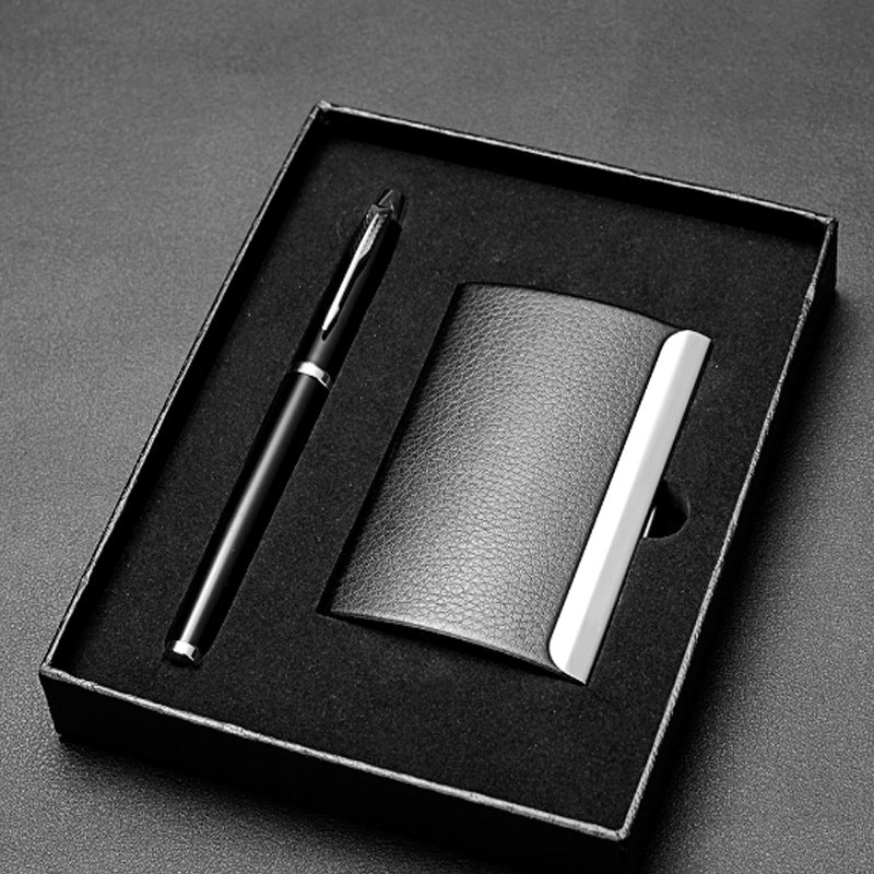 Leather card bag, business card box set, business gift set, pen with stainless steel PU card bag, ID bag, spot.