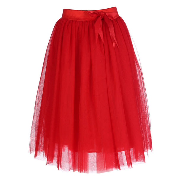 High waist bow elastic band casual versatile tutu skirt medium and long mesh yarn, skirt women's skirt