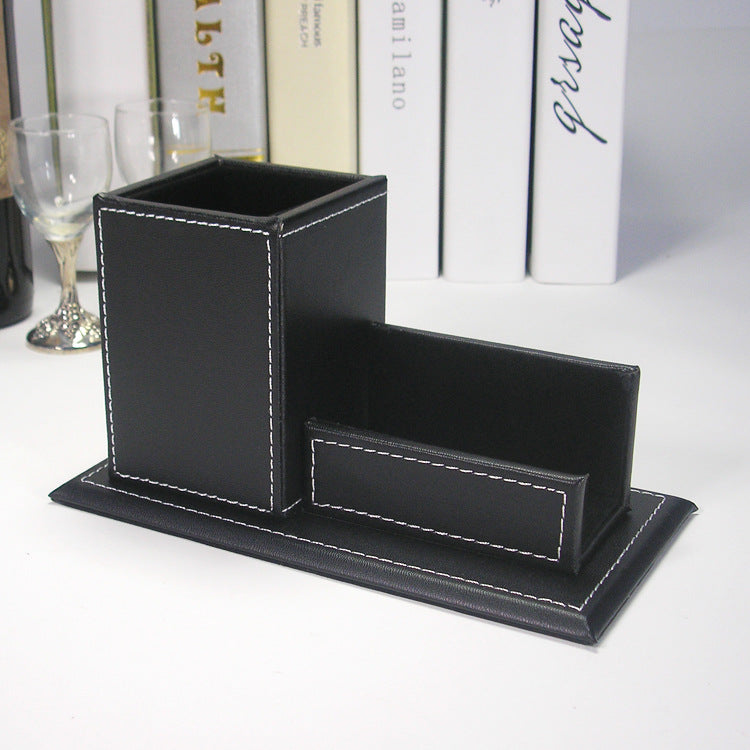 Pen Holder Office Multifunctional Creative Solid Color Office Leather Pen Holder Business Card Holder Stationery Set Desktop Storage Box