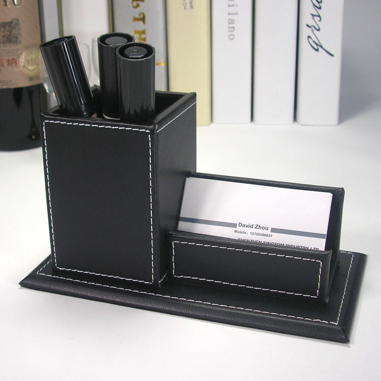 Pen Holder Office Multifunctional Creative Solid Color Office Leather Pen Holder Business Card Holder Stationery Set Desktop Storage Box