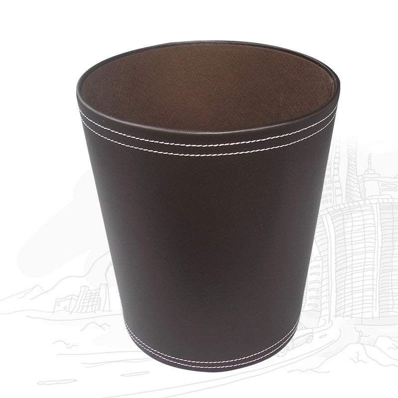 Round uncovered leather trash can, creative office wastebasket trash can, fashion home living room storage bucket