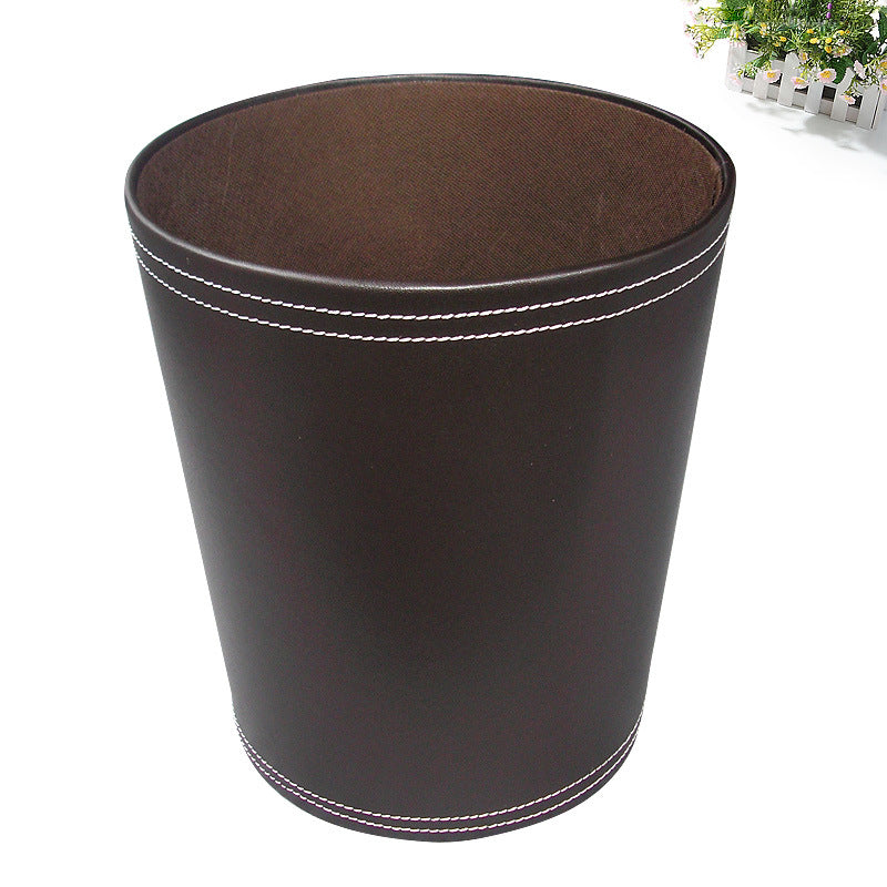 Round uncovered leather trash can, creative office wastebasket trash can, fashion home living room storage bucket