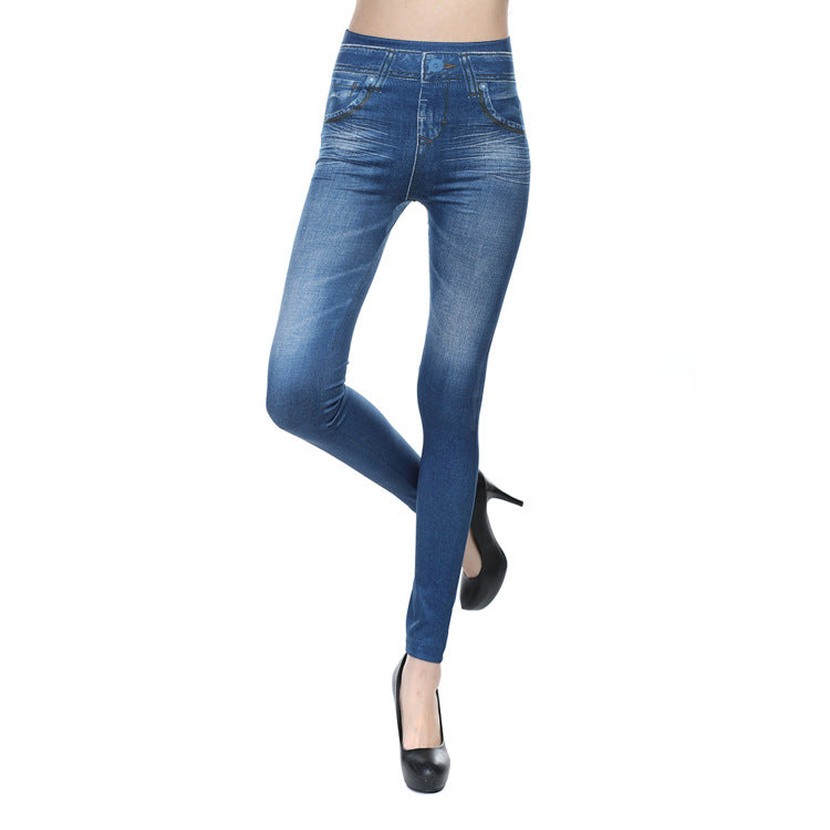 in-stock cross-border 140# 3-color outerwear faux denim faux pocket leggings knitted women's yoga pants