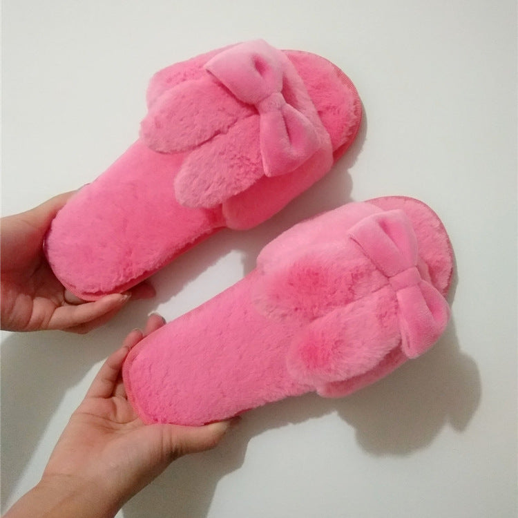 2024 indoor floor slippers - spring/autumn/winter home wear - unisex couple's cute bowknot one-strap fuzzy cotton slippers