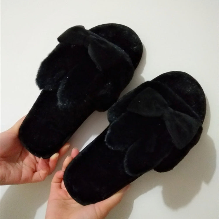 2024 indoor floor slippers - spring/autumn/winter home wear - unisex couple's cute bowknot one-strap fuzzy cotton slippers